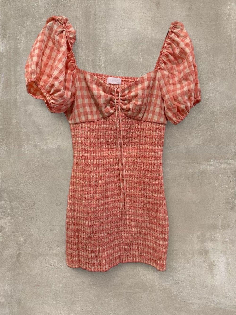 Gingham Puff-Sleeve Mini Dress in Coral Pink